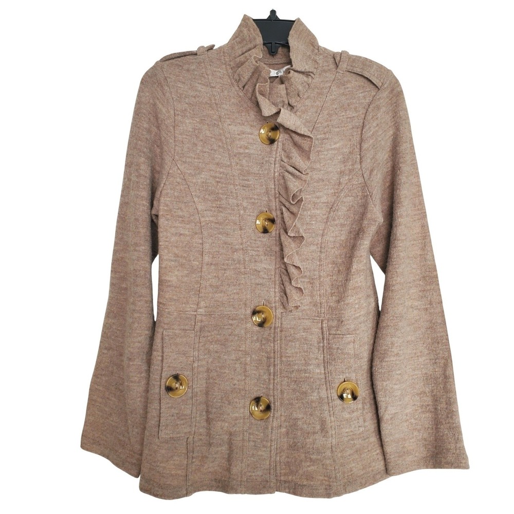 Anthropologie Luii Wool Ruffle Jacket Size M Button Front‎ Peacoat Oatmeal Tan